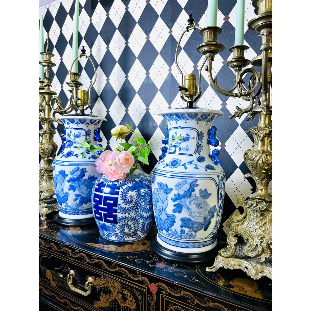 Chinoiserie Blue White Porcelain Lamp Pair Foo Dog Handles 26in - Picture 9 of 17